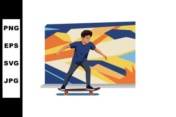Boy Skateboarding in Front of Colorful U: Capturing Urban Energy in Design