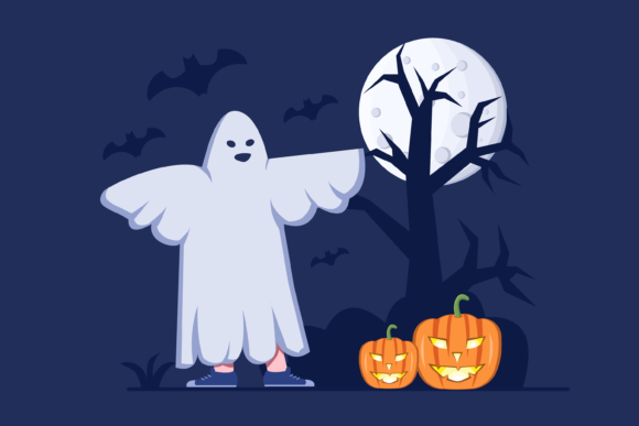 Kids with Halloween Ghost Costumes: Spooky Design Assets