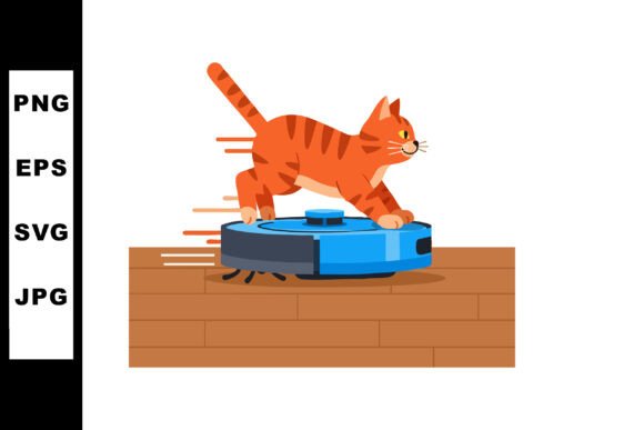 Orange Cat Jumping on Blue Robotic Vacuu: A Playful Design Asset