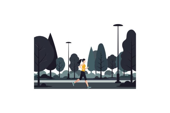Woman Jogging in Park with Trees: A Dynamic Design Asset